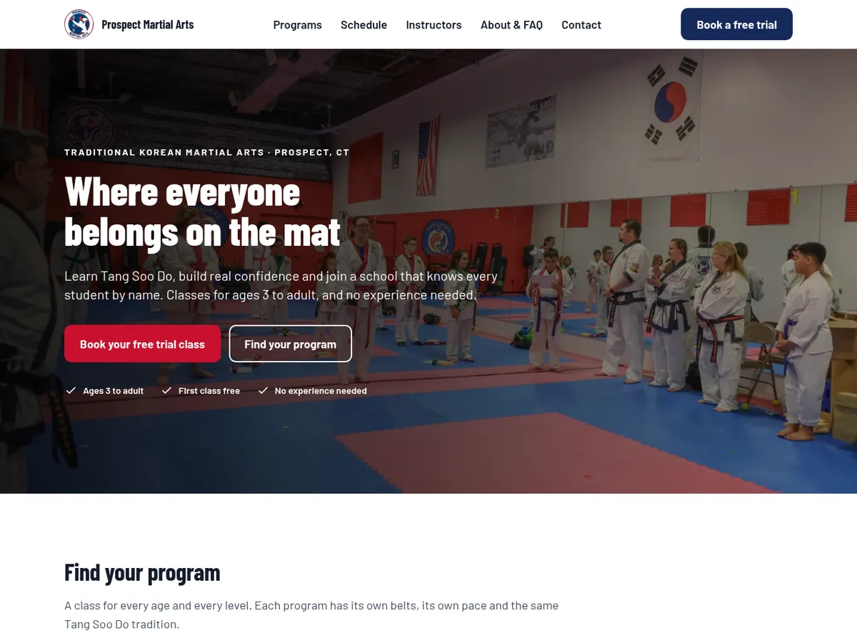 Screenshot of the Prospect Martial Arts test website home page